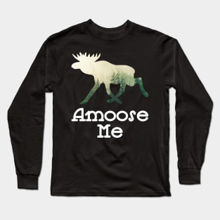 Amoose Me Walking Moose With A Green White Forest Tree Fill Long Sleeve T-Shirt